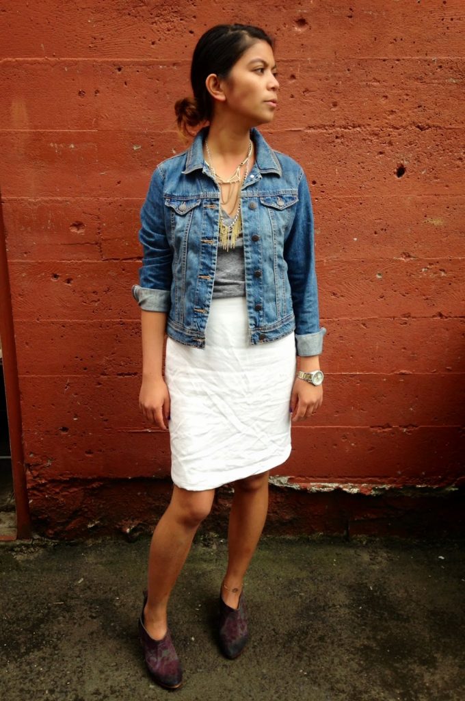 fashion blogger, look of the day, street style, portland blogger, august 2014, white skirt, jean jacket, booties, ootd, outfit of the day, look of the day