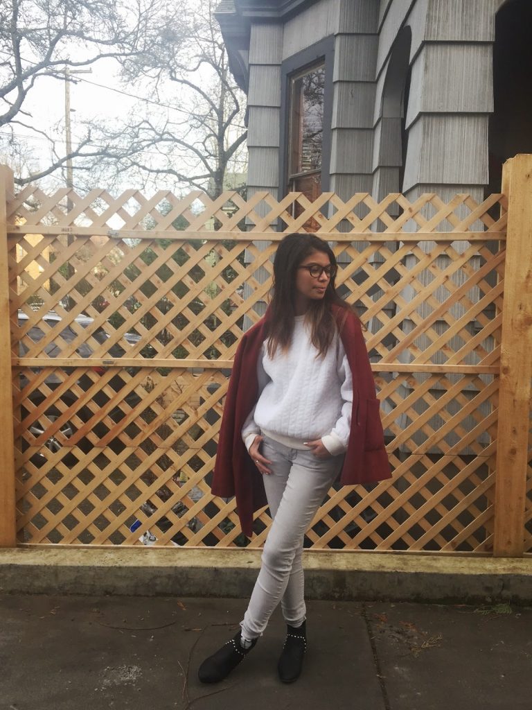 outfit of the day, portland fashion, street style, black trench coat, black hat, black boots, burgundy coat, white sweater, gray jeans, ptowngirls, portland blogger outfit of the day, portland fashion, street style, black trench coat, black hat, black boots, burgundy coat, white sweater, gray jeans, ptowngirls, portland blogger