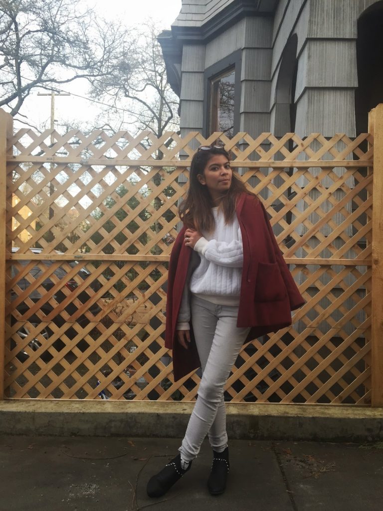 outfit of the day, portland fashion, street style, black trench coat, black hat, black boots, burgundy coat, white sweater, gray jeans, ptowngirls, portland blogger outfit of the day, portland fashion, street style, black trench coat, black hat, black boots, burgundy coat, white sweater, gray jeans, ptowngirls, portland blogger
