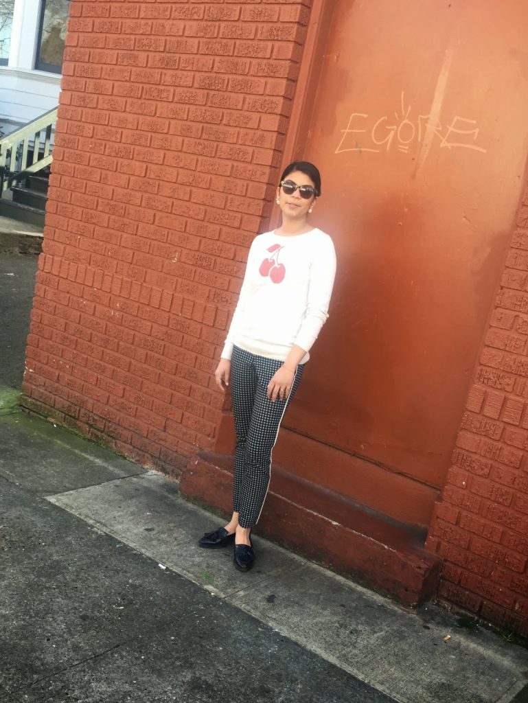 outfit of the day, march 2105, spring outfit ideas, printed pants, cropped pants, loafers, tassels, cherry sweatshirt, ootd, fashion blogger, portland blogger, the p town girls outfit of the day, march 2105, spring outfit ideas, printed pants, cropped pants, loafers, tassels, cherry sweatshirt, ootd, fashion blogger, portland blogger, the p town girls