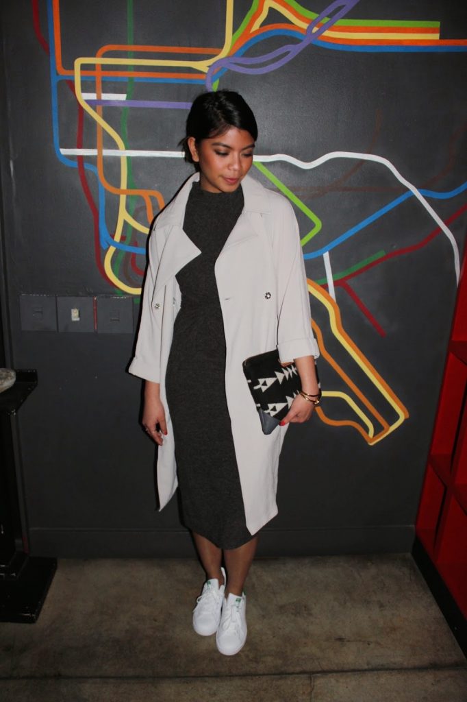outfit of the night, saturday night, birthday outfit, long gray trench coat, aztec print clutch bag, midi gray dress, stan smith, adidas, forever 21, yoshimi pine, alexander wang outfit of the night, saturday night, birthday outfit, long gray trench coat, aztec print clutch bag, midi gray dress, stan smith, adidas, forever 21, yoshimi pine, alexander wang