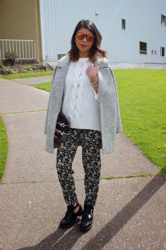 white sweater, hm, mirrored sunglasses, forever 21, floral printed pants, ross dress for less, cut out booties, go jane, oversized coat, yoshimi bag, aztec print clutch, portland bloggers, pdx blogger, fashion blogger, spring 2015, the ptown girls, ootd, spring outfit inspiration white sweater, hm, mirrored sunglasses, forever 21, floral printed pants, ross dress for less, cut out booties, go jane, oversized coat, yoshimi bag, aztec print clutch, portland bloggers, pdx blogger, fashion blogger, spring 2015, the ptown girls, ootd, spring outfit inspiration