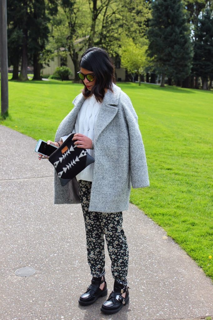 white sweater, hm, mirrored sunglasses, forever 21, floral printed pants, ross dress for less, cut out booties, go jane, oversized coat, yoshimi bag, aztec print clutch, portland bloggers, pdx blogger, fashion blogger, spring 2015, the ptown girls, ootd, spring outfit inspiration white sweater, hm, mirrored sunglasses, forever 21, floral printed pants, ross dress for less, cut out booties, go jane, oversized coat, yoshimi bag, aztec print clutch, portland bloggers, pdx blogger, fashion blogger, spring 2015, the ptown girls, ootd, spring outfit inspiration