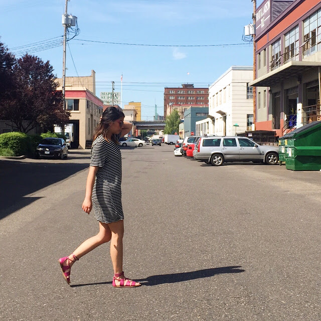 fashion blogger, style blogger, thirty bucks, the ptown girls, portland blogger, affordable fashion, black stripe shirt dress, purple lace up sandals, old navy, brandy melville shirt dress