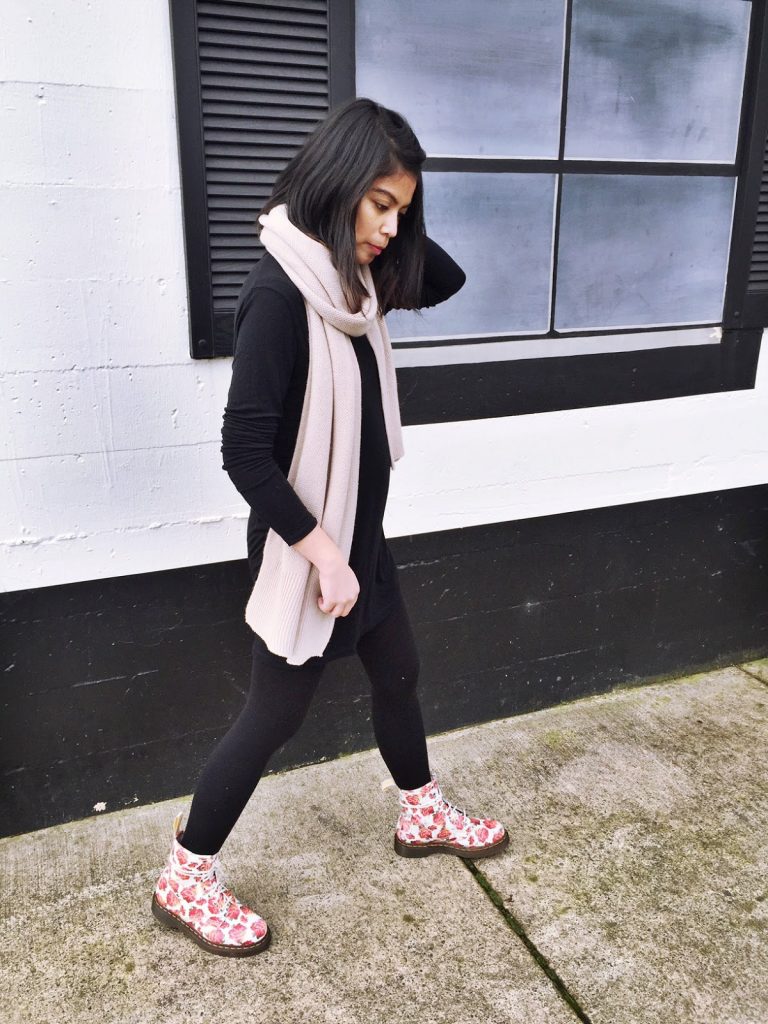 black tunic dress, brandy melville, black leggings, old navy, camel scarf, floral doc martens, dr. martens, floral boots, ootd, fashion blogger, pdx fashion blogger, portland fashion blogger black tunic dress, brandy melville, black leggings, old navy, camel scarf, floral doc martens, dr. martens, floral boots, ootd, fashion blogger, pdx fashion blogger, portland fashion blogger