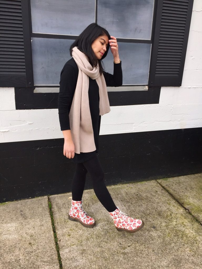black tunic dress, brandy melville, black leggings, old navy, camel scarf, floral doc martens, dr. martens, floral boots, ootd, fashion blogger, pdx fashion blogger, portland fashion blogger black tunic dress, brandy melville, black leggings, old navy, camel scarf, floral doc martens, dr. martens, floral boots, ootd, fashion blogger, pdx fashion blogger, portland fashion blogger