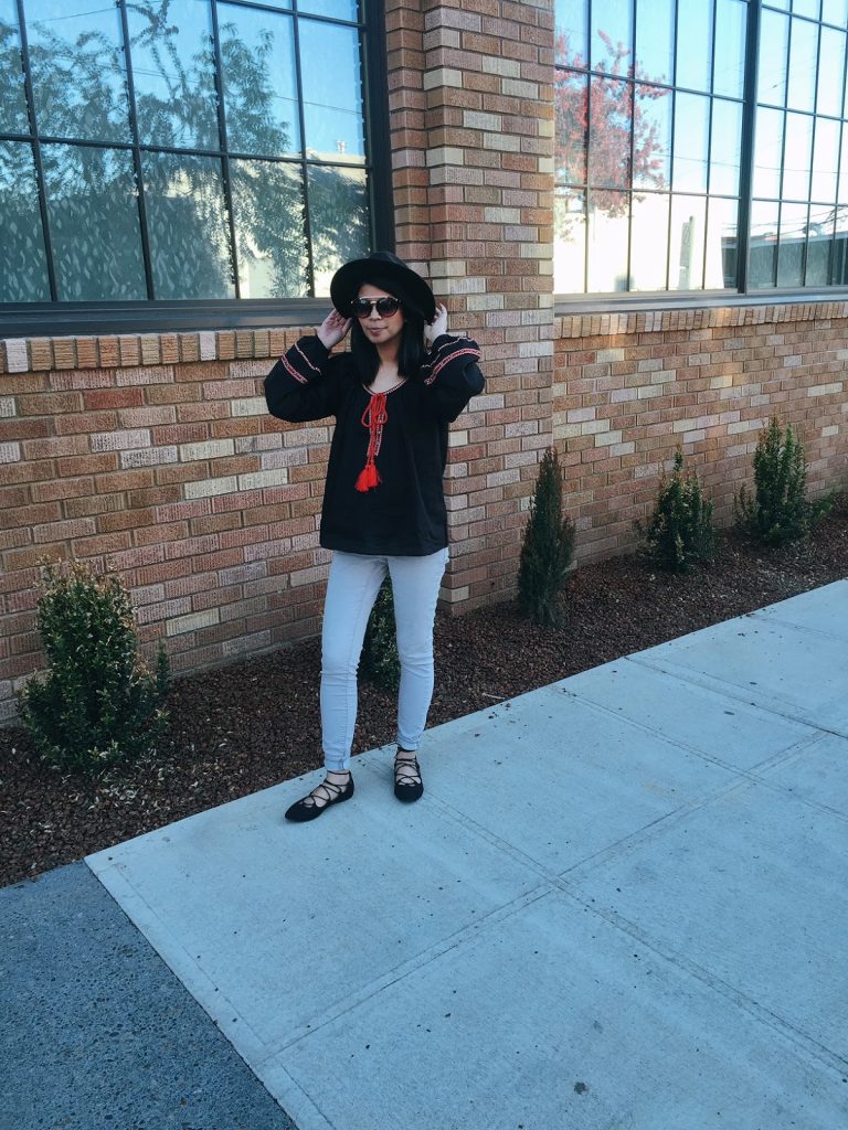 boho blouse with tassels, gray jeans, lace up flats, black fedora hat, sunglasses, spring 2016, affordable fashion, thirty bucks, dress the bump, bump style, portland fashion blogger, pdx street style, boho blouse with tassels, gray jeans, lace up flats, black fedora hat, sunglasses, spring 2016, affordable fashion, thirty bucks, dress the bump, bump style, portland fashion blogger, pdx street style,