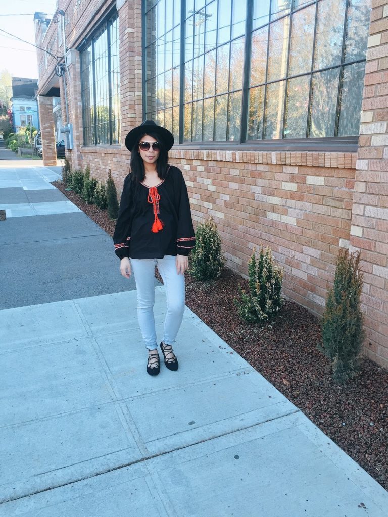 boho blouse with tassels, gray jeans, lace up flats, black fedora hat, sunglasses, spring 2016, affordable fashion, thirty bucks, dress the bump, bump style, portland fashion blogger, pdx street style, boho blouse with tassels, gray jeans, lace up flats, black fedora hat, sunglasses, spring 2016, affordable fashion, thirty bucks, dress the bump, bump style, portland fashion blogger, pdx street style,