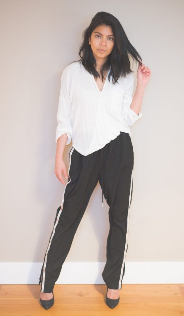 track pants, athleisure, black pumps, white button up shirt, portland fashion blogger, spring 2017, how to wear, fashion blogger, on trend track pants, athleisure, black pumps, white button up shirt, portland fashion blogger, spring 2017, how to wear, fashion blogger, on trend