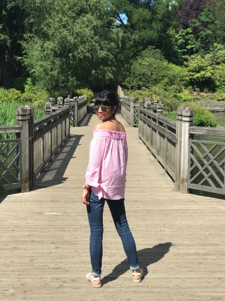 espadrilles, gingham top, jeans, minimal outfit, mom outfit, off the shoulder pink top, outfit of the day, portland blogger, summer outfit, sunglasses, the story of, espadrilles, gingham top, jeans, minimal outfit, mom outfit, off the shoulder pink top, outfit of the day, portland blogger, summer outfit, sunglasses, the story of,