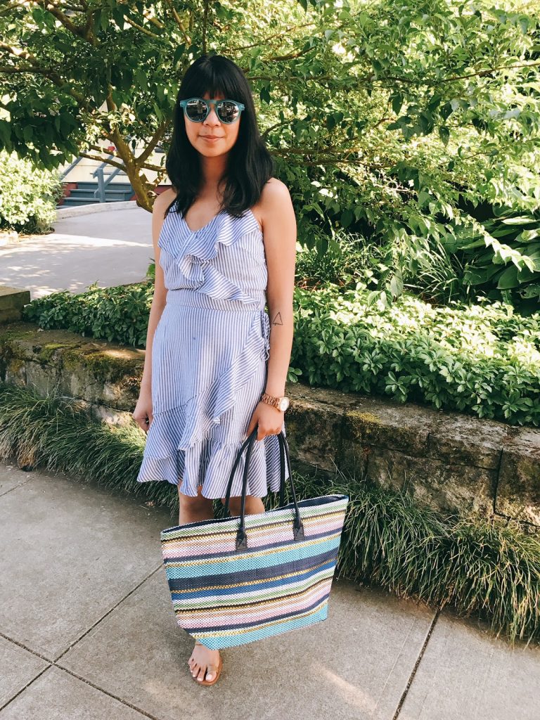 summer outfit, blue striped ruffle dress, nude strappy sandals, blue sunglasses, straw bag, birkin straw bag, jane birkin, the story of, portland fashion blogger, ptowngirls, summer outfit, blue striped ruffle dress, nude strappy sandals, blue sunglasses, straw bag, birkin straw bag, jane birkin, the story of, portland fashion blogger, ptowngirls,