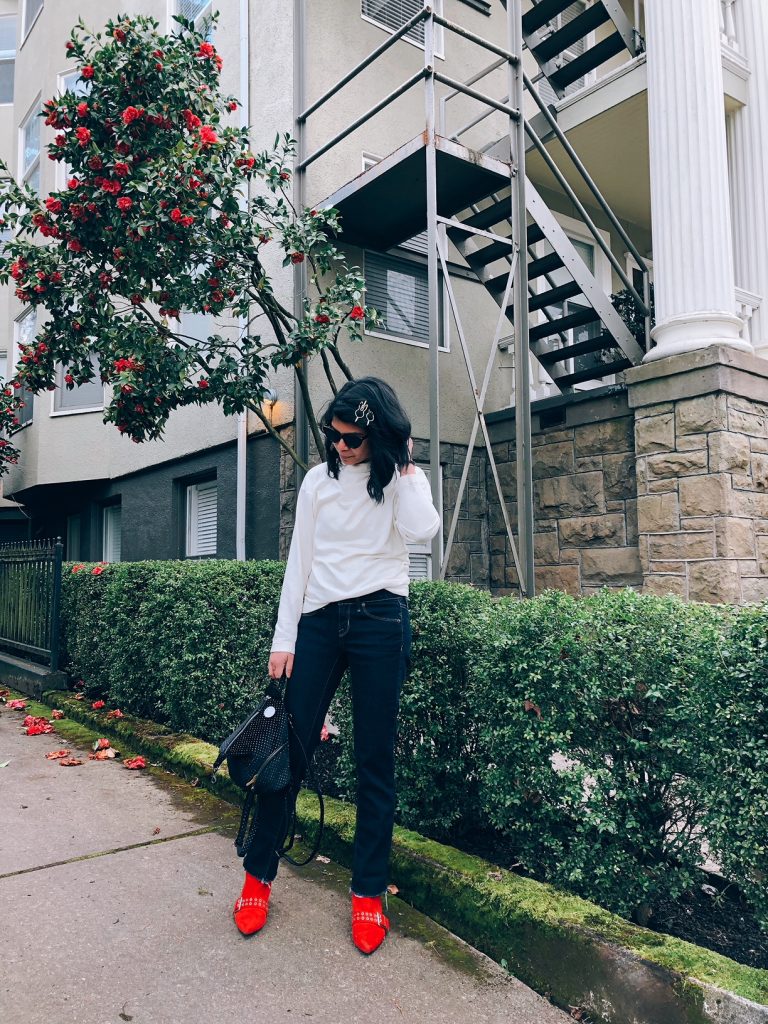 red boots, dark straight jeans, white sweater, portland blogger